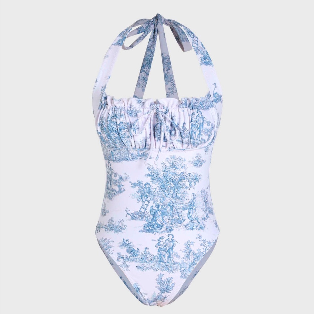 CIDER TOILE DE JOUY RUFFLE ONE PIECE SWIMSUIT SIZE LARGE